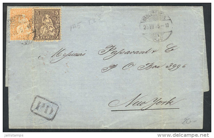 Entire Letter Sent From W&Auml;DENSCHWEIL To New York On 25/JUL/1875 Franked With 25c., Handsome! - Otros & Sin Clasificación