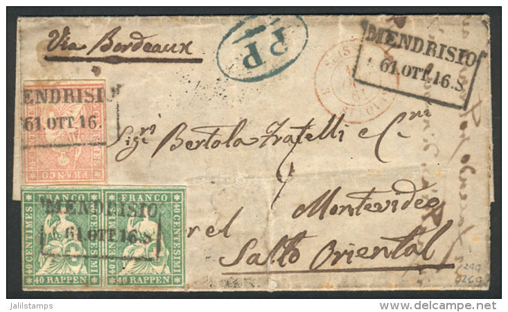 Entire Letter Dated VACALLO 15/AU/1861, Sent To Montevideo (Uruguay) "via Bordeaux", Franked With 95r. (15r. Rose... - Autres & Non Classés