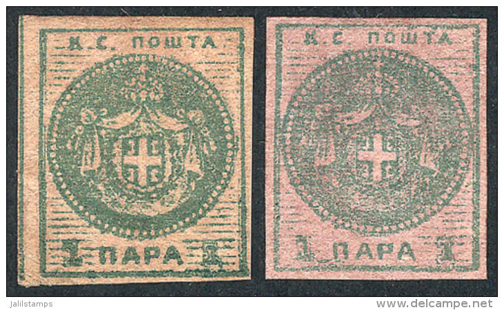 Yvert 3, 1866 1p. Green On Rose Paper, 2 Examples In Different Shades, Very Nice, Catalog Value Euros 150. - Serbie