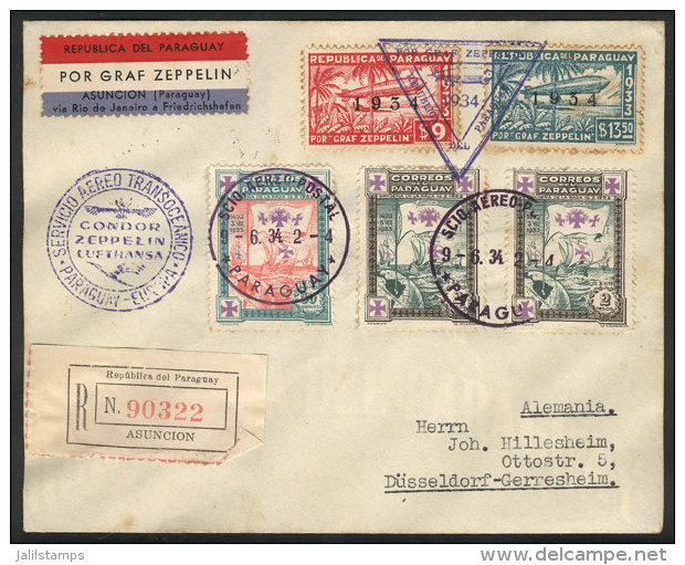 Cover Flown By ZEPPELIN, Sent From Asunci&oacute;n To D&uuml;sseldorf On 9/JUN/1934, Handsome Postage (with Little... - Paraguay