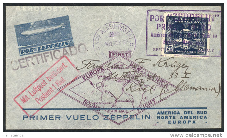 Registered Cover Flown By ZEPPELIN, Sent From Asunci&oacute;n To Kiel On 19/MAY/1930, Special Handstamp And Arrival... - Paraguay