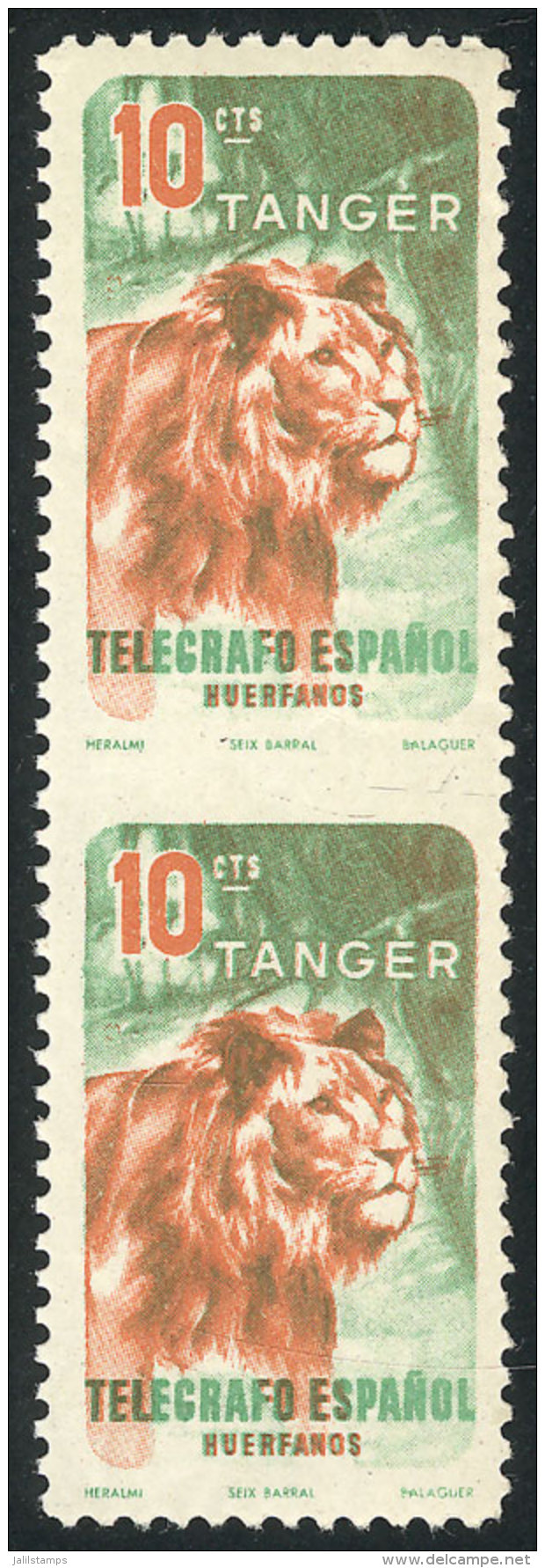 10c. Stamp For Telegraph (lion), Pair With Variety: IMPERFORATE HORIZONTALLY, MNH, VF Quality! - Maroc Espagnol