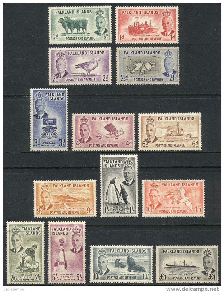 Sc.107/120, 1952 Animals, Birds, Ships And Other Topics, Complete Set Of 14 Unused And Lightly Hinged Values, Very... - Falkland