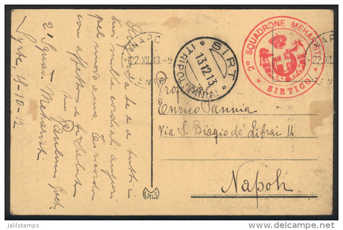 Card Sent From SIRT To Napoli On 13/DE/1913, With Military Free Frank, Interesting Marks, VF! - Tripolitaine