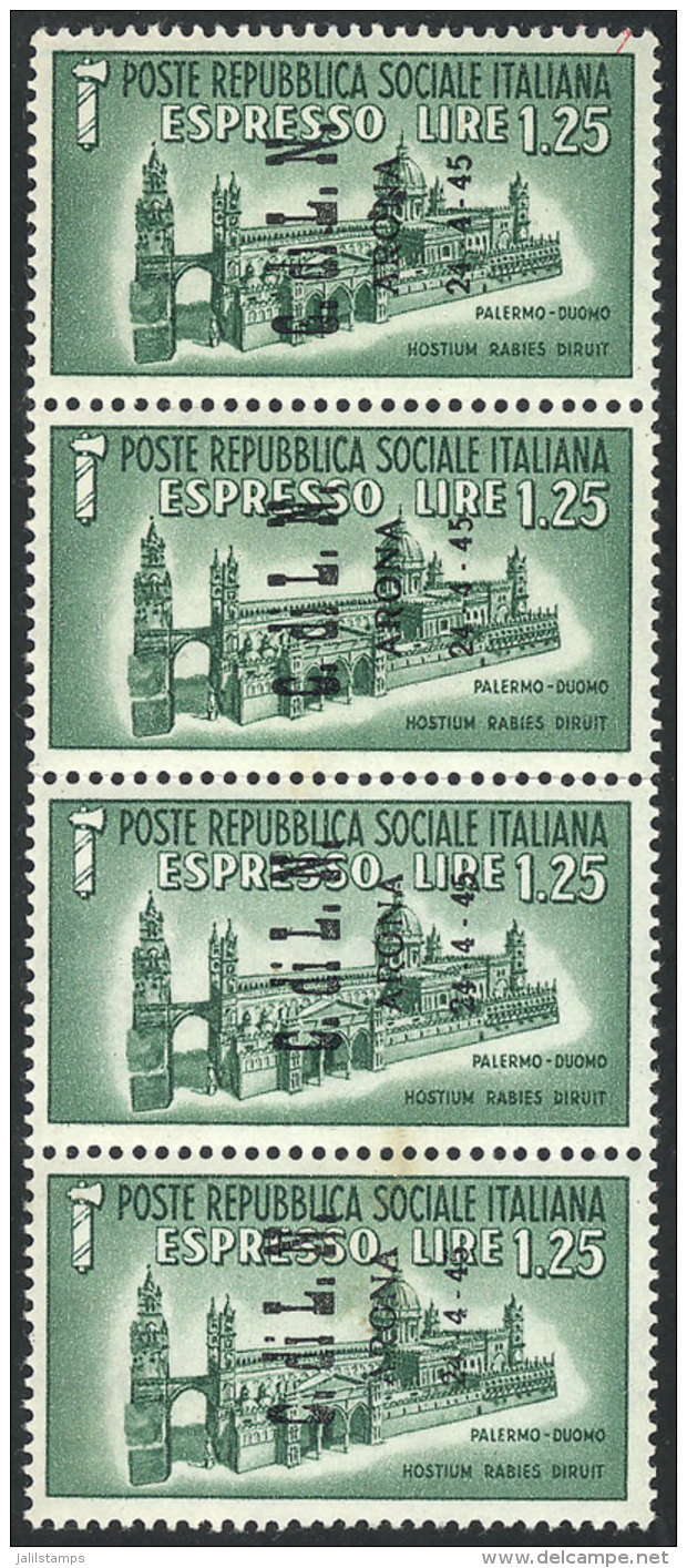 Sassone 16, 1945 Express Mail Stamp Of 1.25L. Overprinted, MNH Strip Of 4, Superb, Catalog Value Euros 2,000 - Non Classés