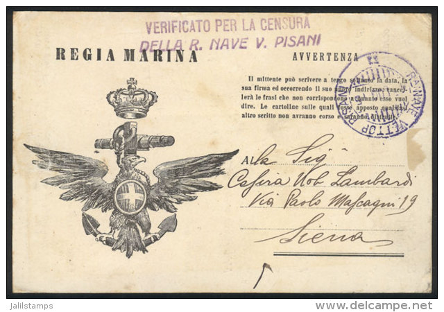 Card For Corrrespondence With War Free Frank Of The Regia Marina, Sent From The Ship VETTOR PISANI To Siena On... - Non Classés
