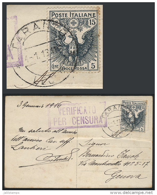 PC Sent From Taranto To Genova On 4/JA/1916, Franked By Sc.B2 ALONE (15c. + 5c. Red Cross), Interesting, Catalog... - Non Classés