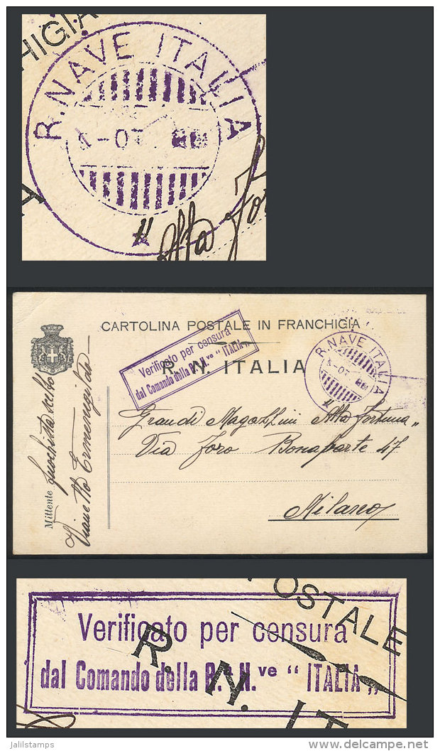 Card For Corrrespondence (with Free Frank) Of The Crew Of The Battleship ITALIA, Sent From The Ship To Milano On... - Non Classés