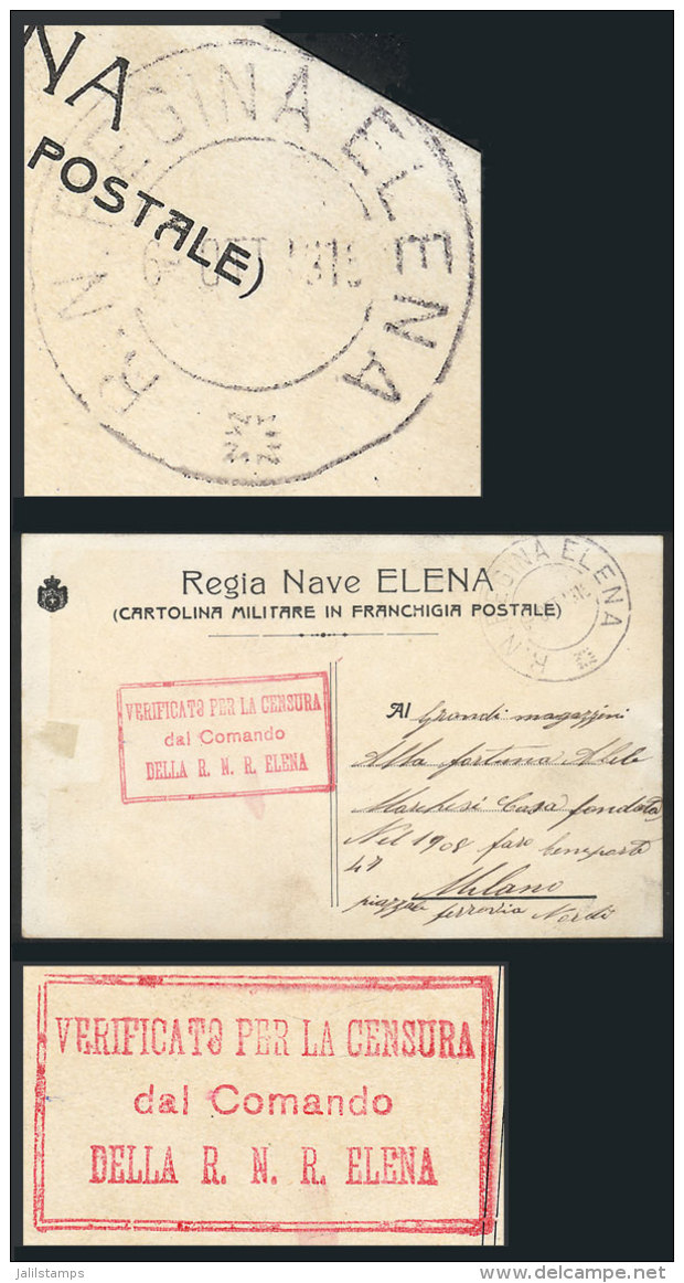 Card For Corrrespondence (with Free Frank) Of The Crew Of The Battleship REGINA ELENA, Sent From The Ship To Milano... - Non Classés