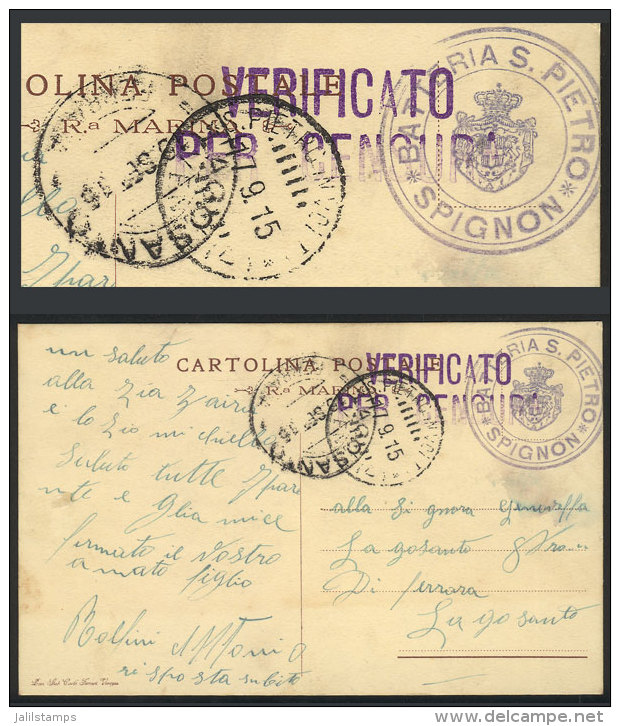 Card Sent To Lagosanto On 17/SE/1915, With Free Frank, From "BATTERIA S. PIETRO - SPIGNON", Censored, With Transit... - Non Classés