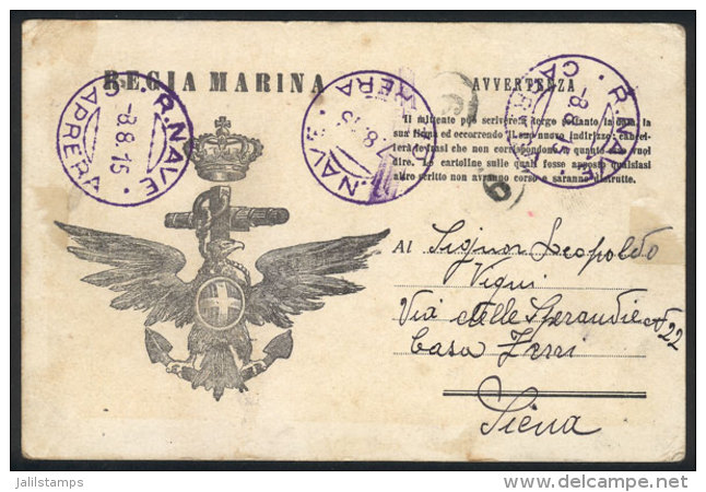 Card For Corrrespondence With War Free Frank Of The Regia Marina, Sent From The Ship CAPRERA To Siena On 8/AU/1915,... - Non Classés