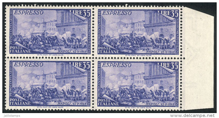 Yvert 35, 1948 Risorgimento, MNH Block Of 4 With Sheet Margin, Excellent Quality, Catalog Value Euros 720. - Non Classés