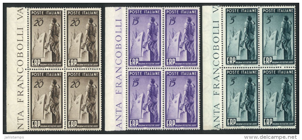 Yvert 539/541, 1949 Reconstruction Of Europe, Cmpl. Set Of 3 Values In MNH Blocks Of 4 With Sheet Margins,... - Unclassified