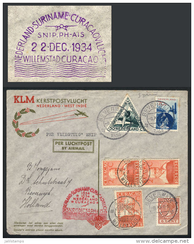 15/DE/1934: First Flight To Cura&ccedil;ao And Return, With Postage Of Netherlands And Cura&ccedil;ao, And Special... - Lettres & Documents