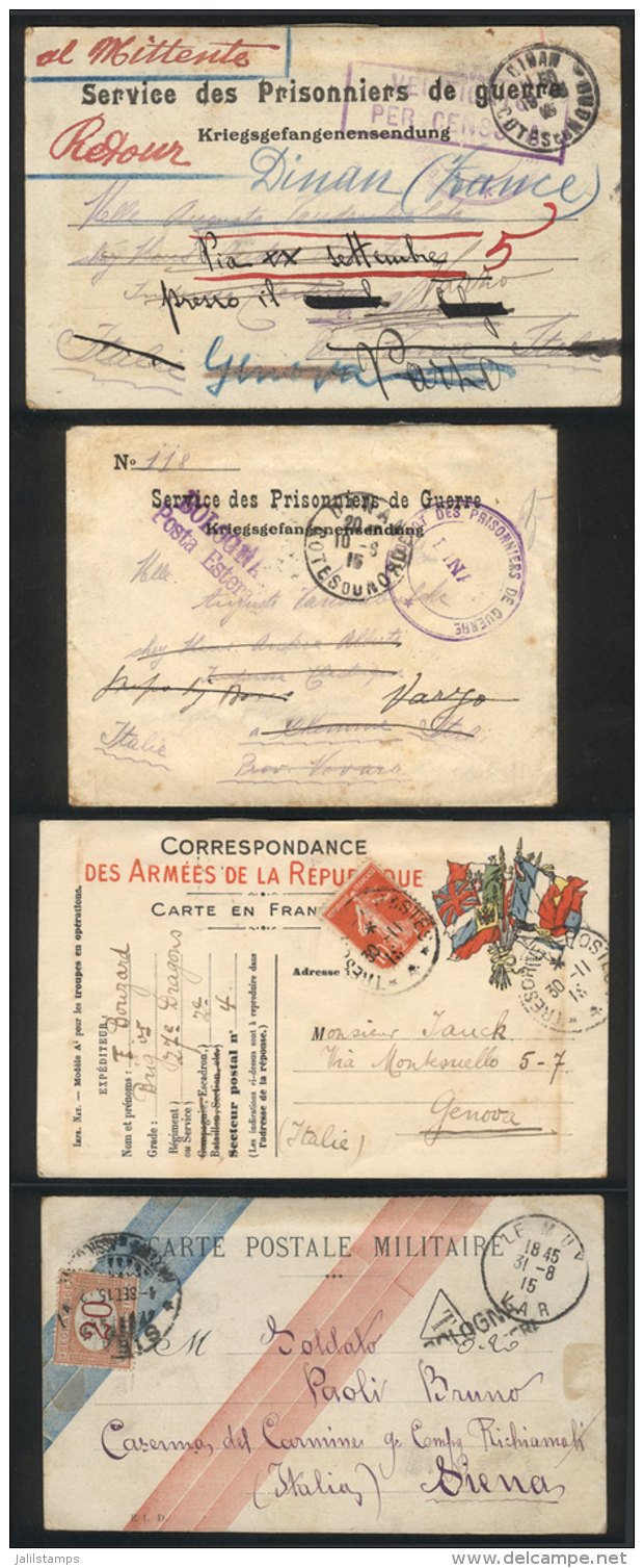 4 Military Or POW Covers Or Cards Sent To Italy In 1915, With Interesting Postal Or Censor Marks, Fine To Excellent... - Autres & Non Classés