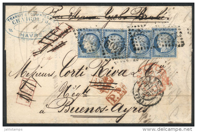 VERY INTERESTING LETTER: Entire Letter Sent From LE HAVRE To Buenos Aires On 22/JA/1875, Franked By Yvert 60C X4,... - Autres & Non Classés