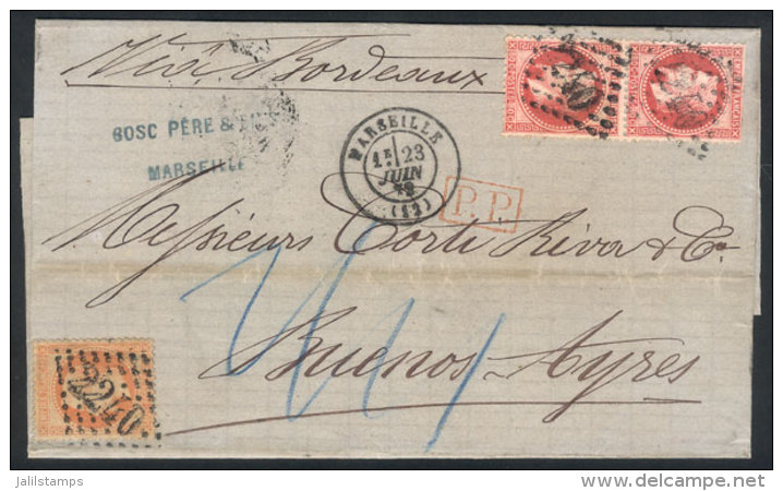 23/JUN/1873 MARSEILLE - Buenos Aires: Folded Cover Franked By Yvert 31 + 31 Pair (total 2 Fr.) With Numeral "2240"... - Autres & Non Classés