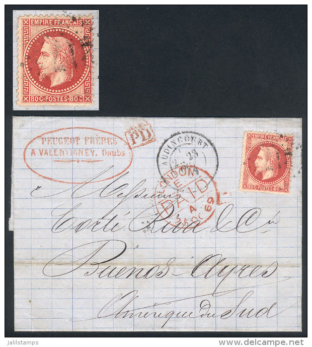 23/OC/1869 VALENTIGNEY - Buenos Aires, Via England: Folded Cover Franked By Yv.32 (80c. Napoleon) With Dotted... - Autres & Non Classés