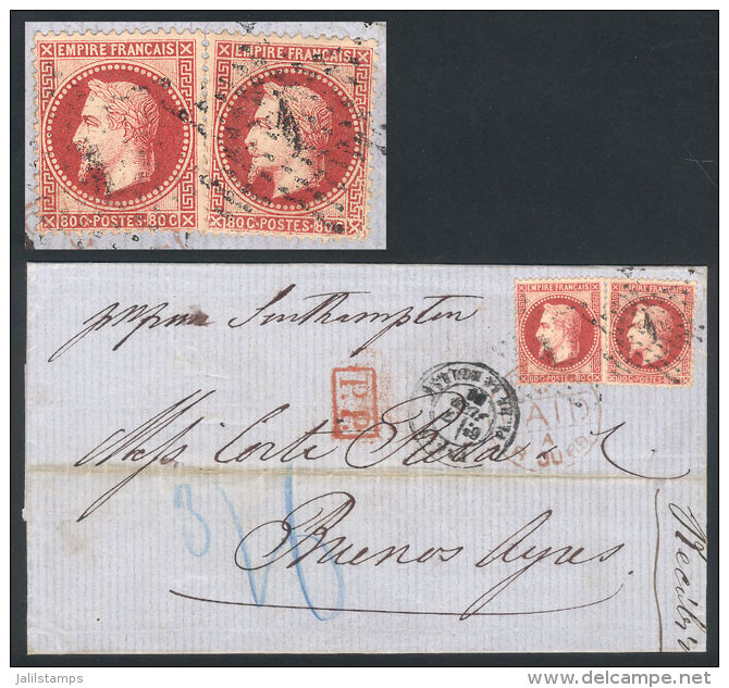 7/JUN/1869 PARIS - Buenos Aires, Via England: Folded Cover Franked By Yv.32 X2 (Fr.1.60) With "dotted Star" Cancel,... - Autres & Non Classés