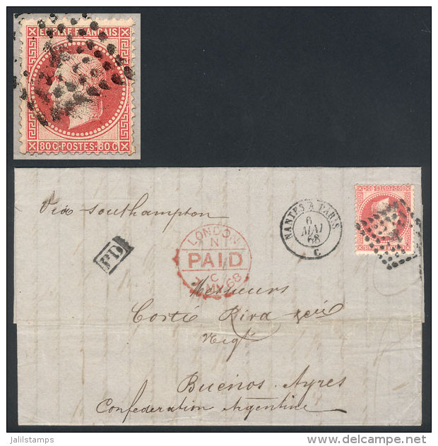 6/MAY/1868 ANGERS - Buenos Aires, Via England: Folded Cover Franked By Yv.32 (Napoleon 80c. Rose) With "rhombus Of... - Autres & Non Classés