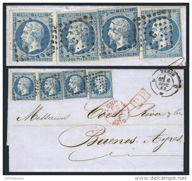 6/SEP/1862 PARIS - Buenos Aires: Folded Cover Franked By Yvert 14B X4 (the Left Stamp With VARIETY: Top Right Angle... - Autres & Non Classés