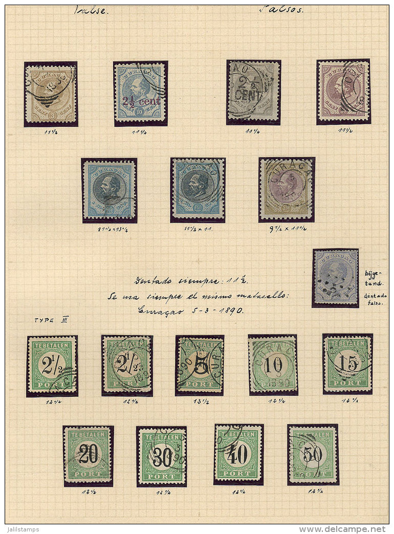 FORGERIES: Interesting Page Of An Old Collection With Different Forged Stamps, Many Are Very Well Made, VF Quality,... - Curaçao, Antilles Neérlandaises, Aruba