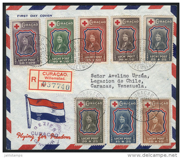 Yvert 44/51, 1944 Red Cross, The Complete Set On A Cover With FIRST DAY Postmark, VF Quality! - Curaçao, Antilles Neérlandaises, Aruba