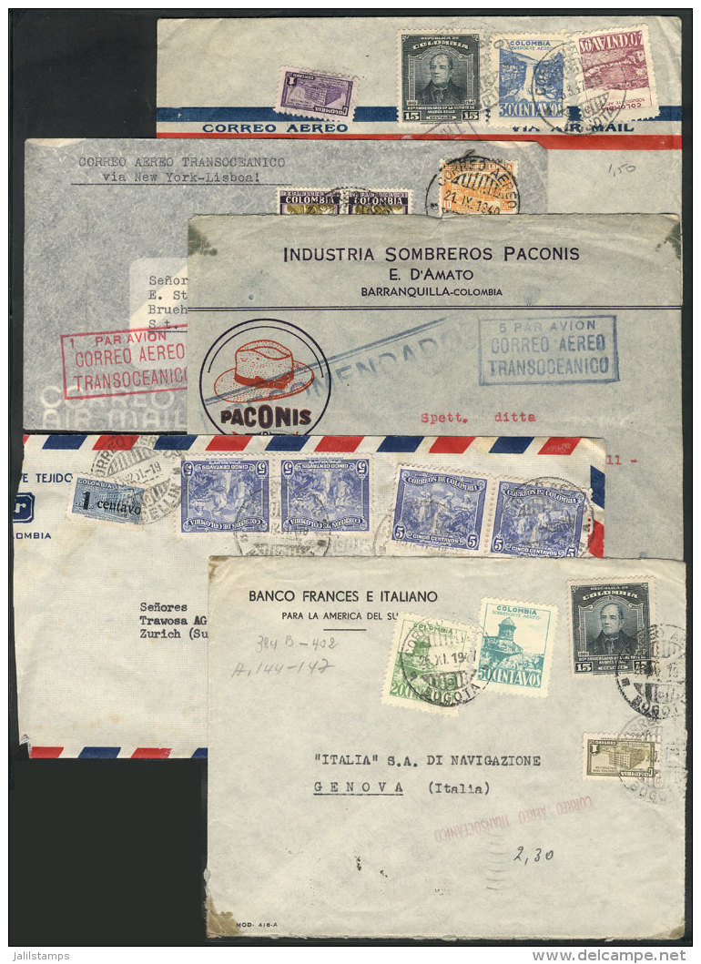 5 Airmail Covers Sent To Europe Between 1940 And 1948, Good Postages! - Colombie