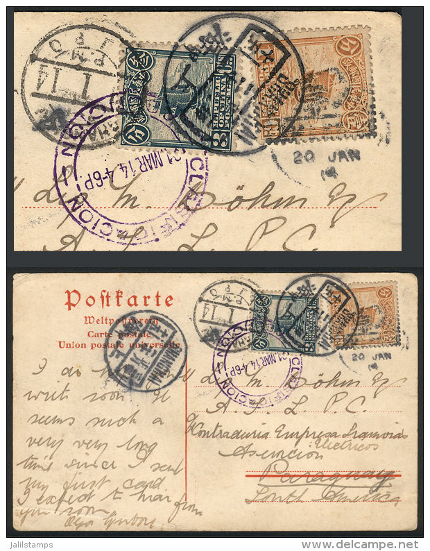 Postcard Sent To PARAGUAY On 20/JA/1914, Franking Of 4c. And Very Interesting Postmarks, Including The Receiving... - Andere & Zonder Classificatie
