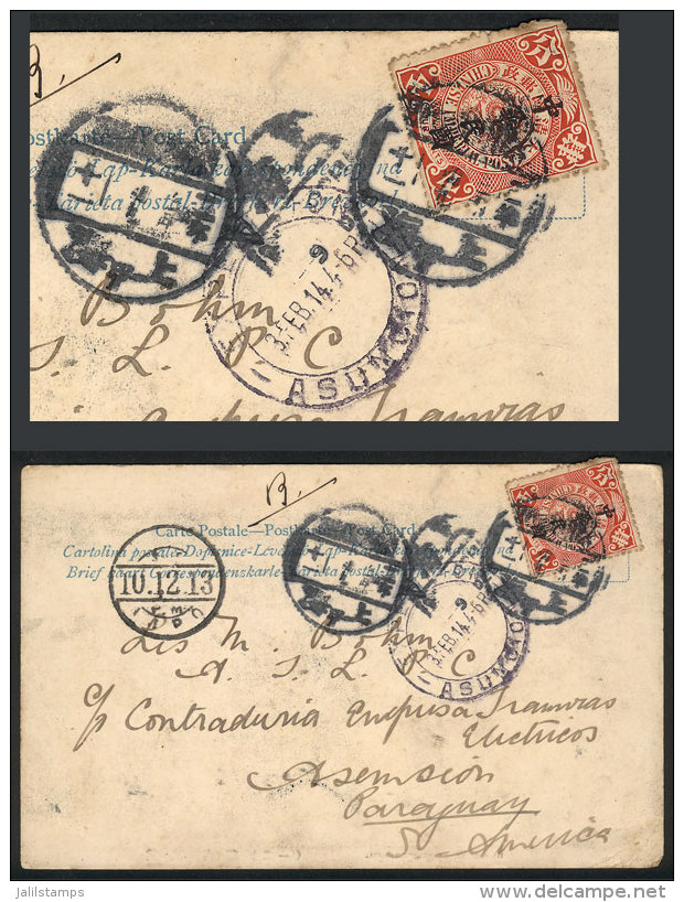 Postcard Sent To PARAGUAY On 10/DE/1913, With Franking Of 4c. (overprinted Stamp) And Very Interesting Postmarks,... - Andere & Zonder Classificatie