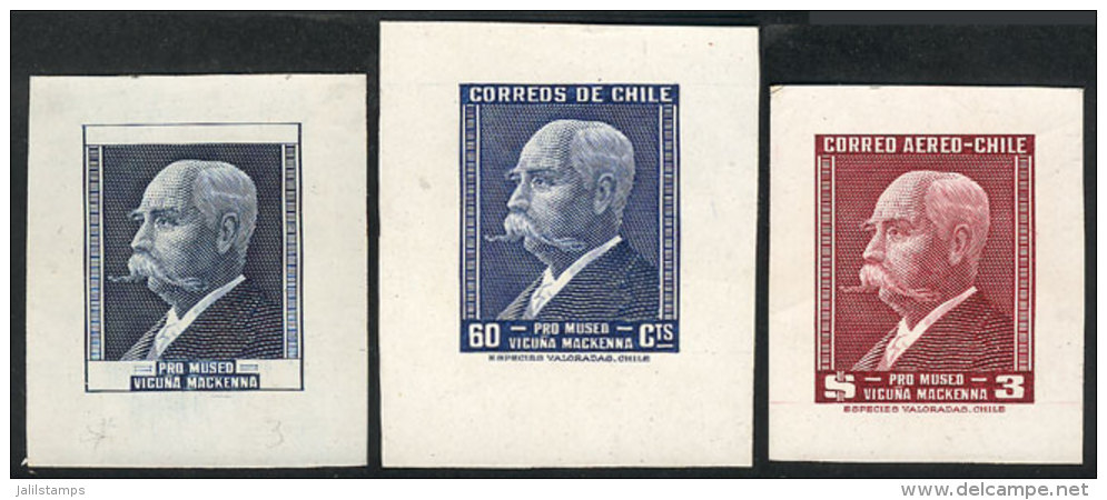 Yvert 224 + A.124, 1949 Museum Vicu&ntilde;a Mackenna, DIE PROOFS: Without Value Or Inscriptions In Indigo Blue +... - Chili