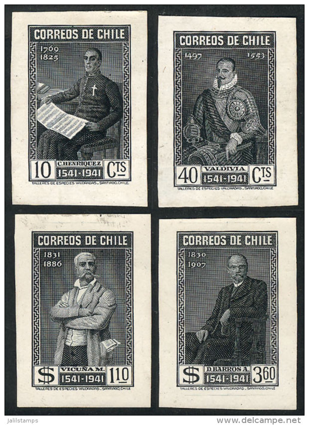 Yvert 180/182 + 184, 1941 Santiago 4th Centenary, DIE PROOFS In Black Of The Values 10c., 40c., 1.10P And 3.60P.,... - Chili