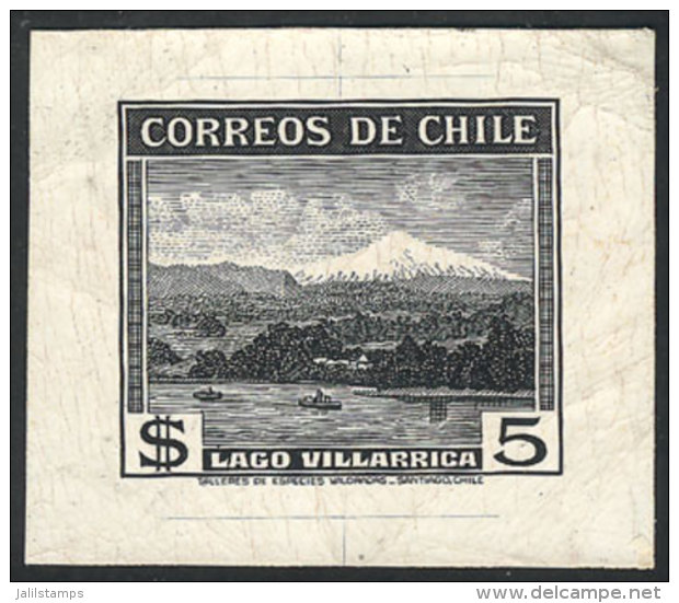 Yvert 177, 1938/50 5P. Villarrica Lake (ship, Volcano), DIE PROOF In Black, VF Quality, Rare! - Chili