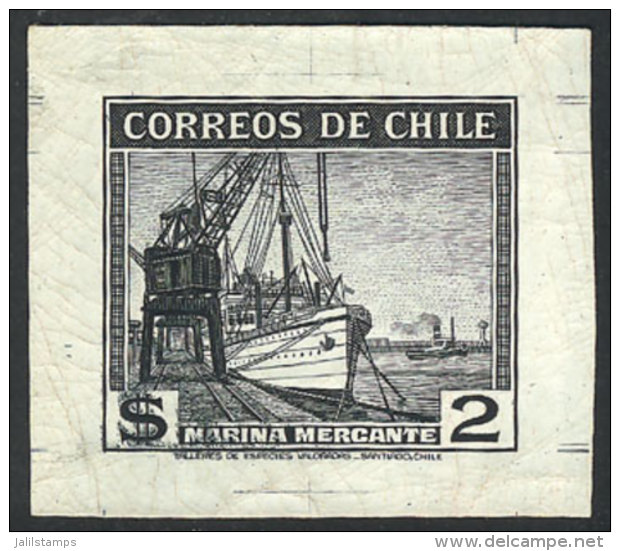 Yvert 176, 1938/50 2P. Merchant Navy (ships), DIE PROOF In Black, VF Quality, Rare! - Chile