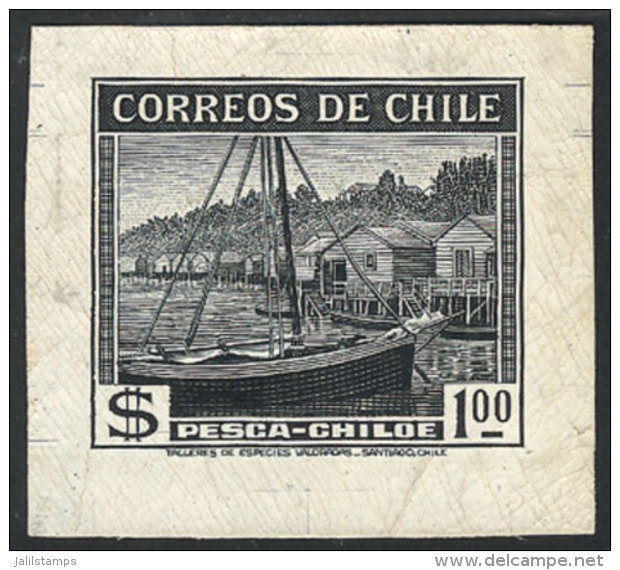 Yvert 174, 1938/50 1P. Fishing, Chilo&eacute; (fishing Boat, Palafito - Stilt Houses), DIE PROOF In Black, VF... - Chili