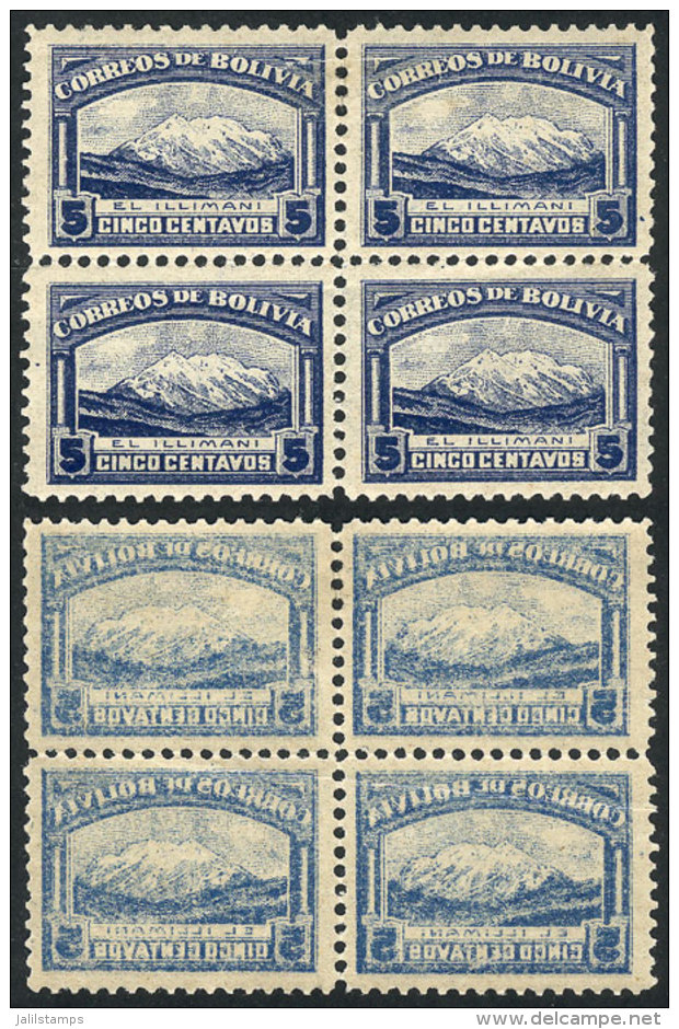 Sc.114, 1916 5c. Illimani, Block Of 4 With Variety: OFFSET IMPRESSION ON BACK, Very Nice! - Bolivia