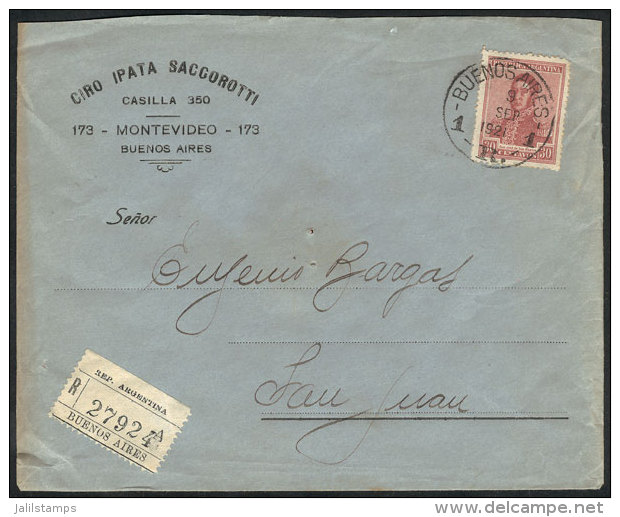 Registered Cover Franked With 30c. San Mart&iacute;n, Sent From Buenos Aires To San Juan On 9/SE/1921, Excellent... - Autres & Non Classés