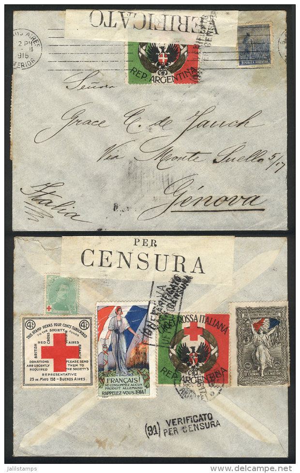 Cover Sent To Italy In FE/1916, Franked With 12c. + 5 CINDERELLAS Related To World War I And The Red Cross, Very... - Other & Unclassified