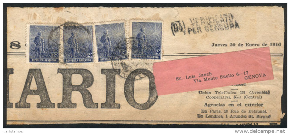 Newspaper Fragment Sent From Buenos Aires To Italy On 20/JA/1916 With Handsome Postage Of 48c. (Plowman 12c. X4),... - Autres & Non Classés