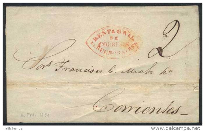 Folded Cover Dated 2/FE/1851, Sent To Corrientes, With Red Double Ogive "Renta Gral. De Correos De Buenos Ayres"... - Autres & Non Classés