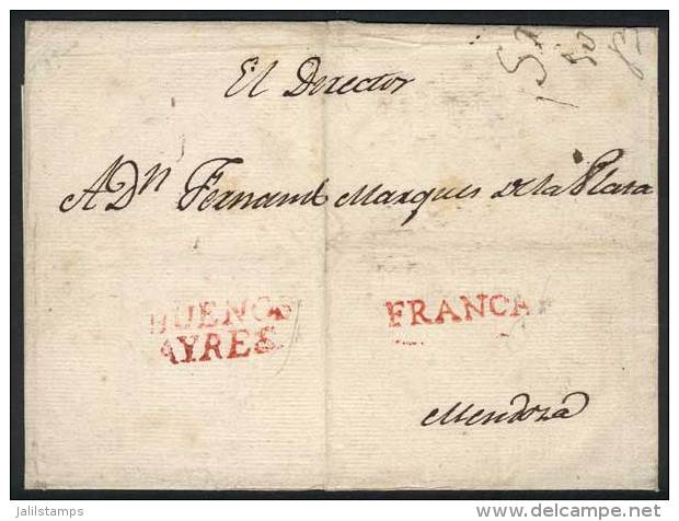 Very Old Folded Cover (circa 1780) Sent To Mendoza, With Red "BUENOS AYRES" And "FRANCA" Markings (VK.4 And 9),... - Autres & Non Classés