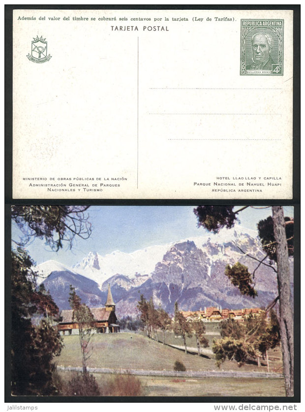 4c. Brown Postal Card With View Of Hotel Llao Llao And Chapel On Back, VF Quality! - Entiers Postaux