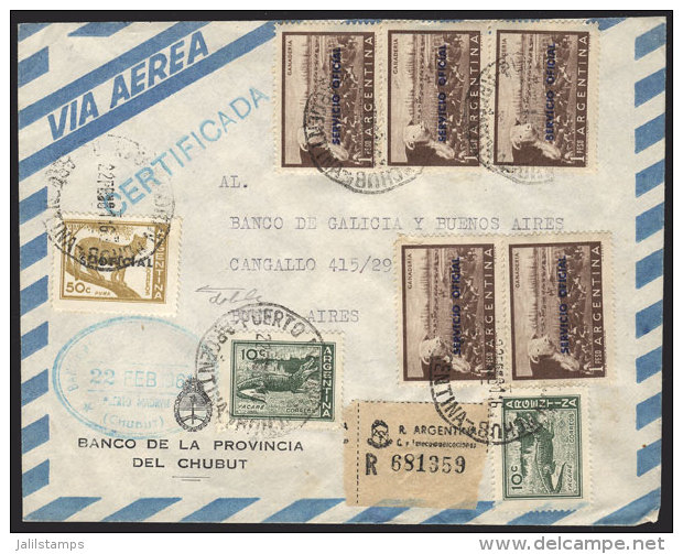 Registered Airmail Cover Sent From Puerto Madryn To Buenos Aires On 22/FE/1961, With MIXED POSTAGE Of OFFICIAL... - Service