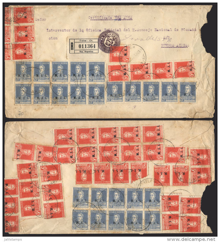 Registered Cover Sent From Trelew To Buenos Aires On 9/AU/1930 With Spectacular Franking On Front And Back (total... - Service