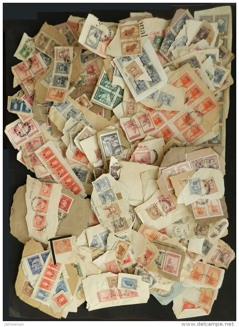 Shoebox Full Of Fragments Of Covers With Good Postages, Including Many High Values, Multiples, Good Combinations,... - Oficiales