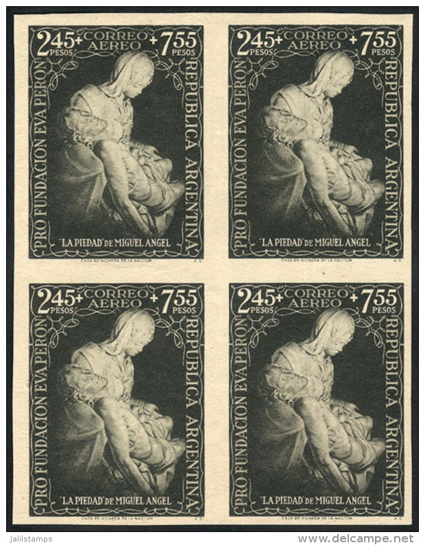 GJ.1002, 1951 Eva Per&oacute;n Foundation (La Pieta, Michelangelo), PROOF In The Adopted Color, Imperforate Block... - Poste Aérienne