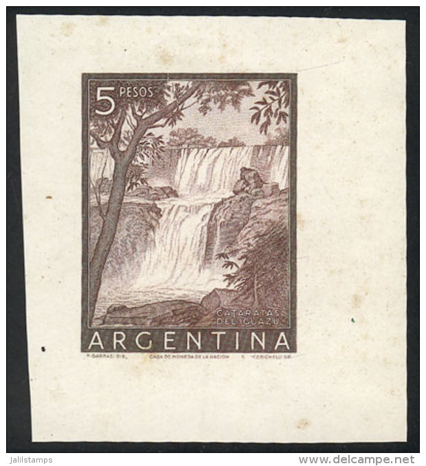 GJ.1052, 1954/7 5P. Iguaz&uacute; Falls, DIE PROOF In Dark Chestnut, Printed On Thick Paper With Glazed Front, VF... - Autres & Non Classés