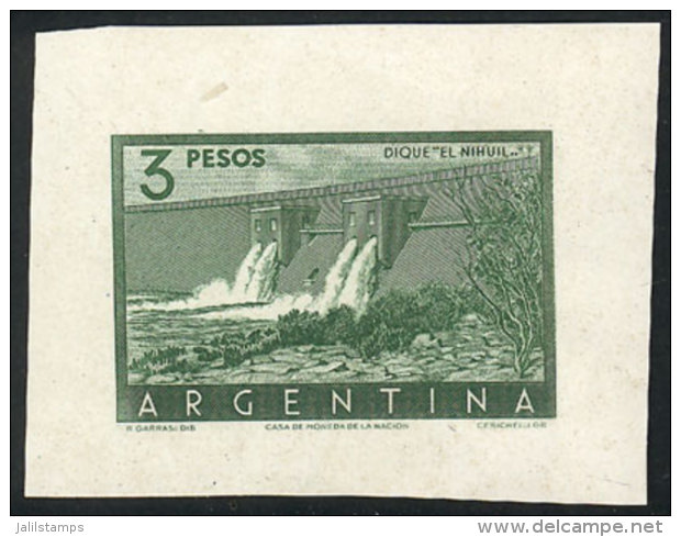 GJ.1050, 1954/7 3P. El Nihuil Dam, DIE PROOF In Dark Green, Printed On Thick Paper With Glazed Front, VF Quality,... - Other & Unclassified