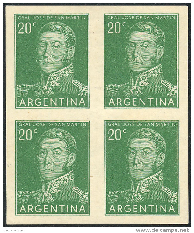 GJ.1034, 1954/7 20c. San Mart&iacute;n, PROOF In Green, Imperforate Block Of 4 Printed On Ordenary Paper, VF... - Autres & Non Classés