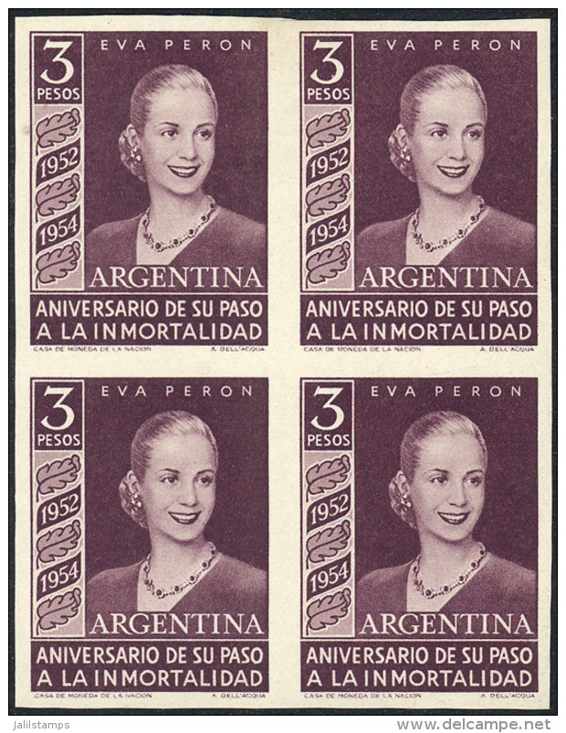 GJ.1030, 1954 Eva Per&oacute;n, PROOF On White Paper, Block Of 4 In Dark Purple-violet, VF, Rare! - Autres & Non Classés